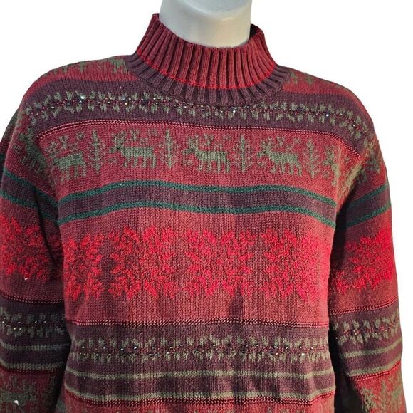 Vintage 90s Talbots Sweater Womens Size M Red Moose Holiday Fair Isle Mock Neck - Picture 6 of 9